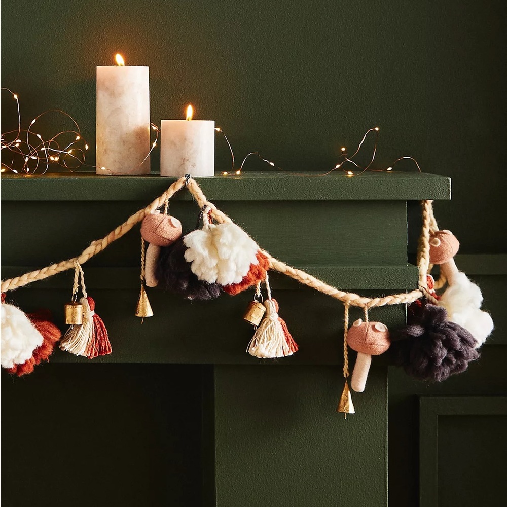 🆕 ANTHRO Anthropologie Brenn Garland felt wool bells holiday mushroom woodland
